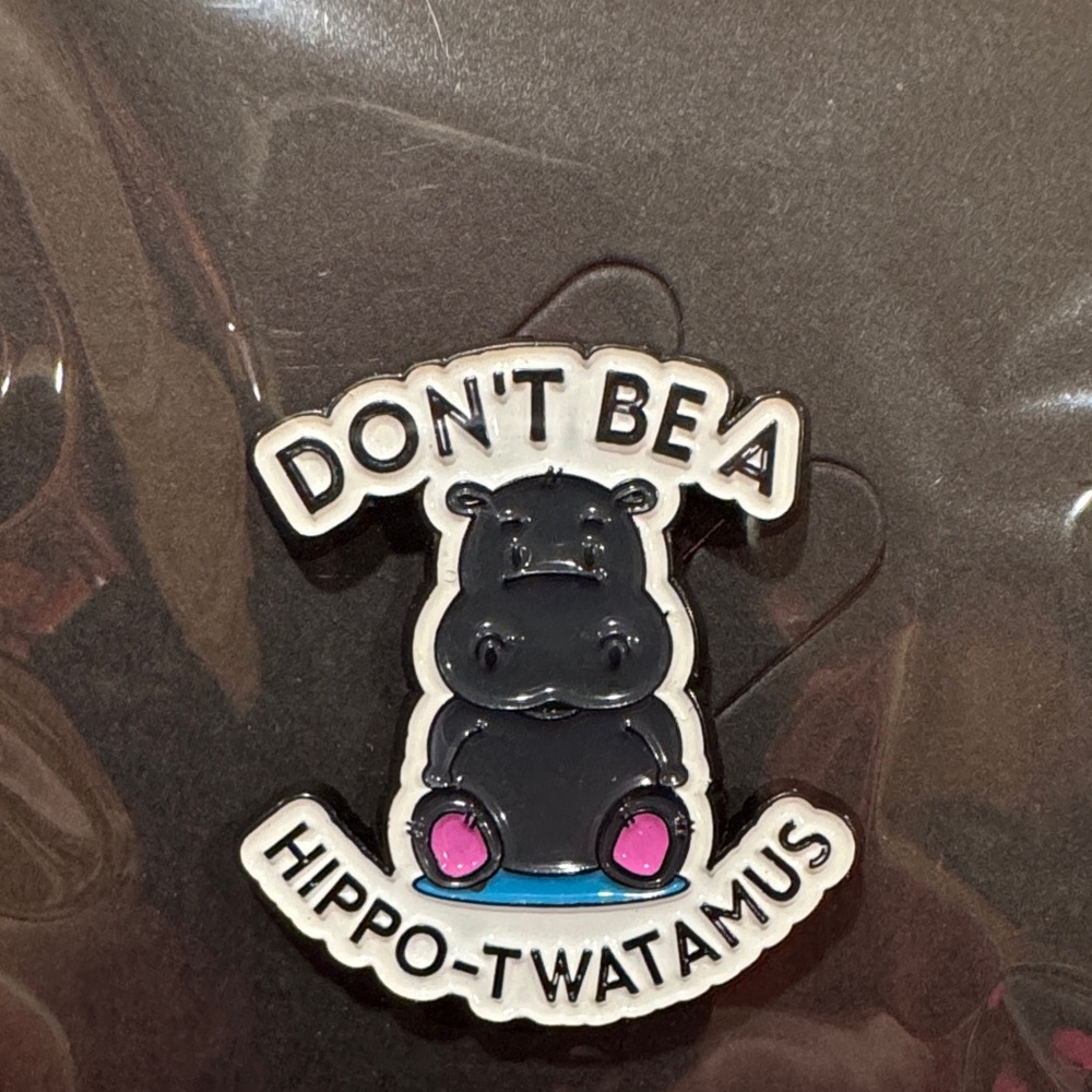 3 for $15 on select pins 
Hippo Brooch with Black and Pink Accents